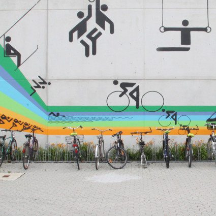 Mural with pictograms based on the original design by Otl Aicher