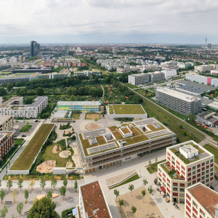 Aerial view of Bauhausplatz at the north-western entrance to Domagkpark