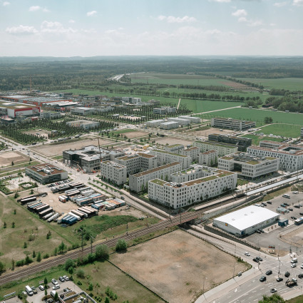 Blick von Norden auf Freiham Süd: hier entsteht der Gewerbehof, 2022.