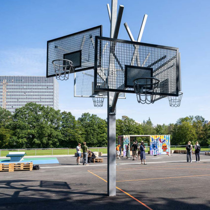 Basketball and teqball area with container as new leisure facilities after the refurbishment of the Siemens Sports Park 2024