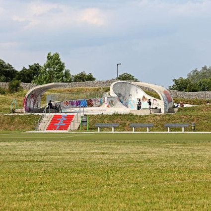 The skate park is located in the middle of greenery.