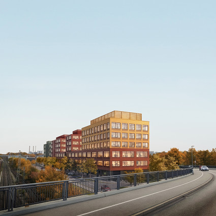 Visualisierung der neuen Gebäude des Quartiers Frankfurter Ring an den Bahngleisen