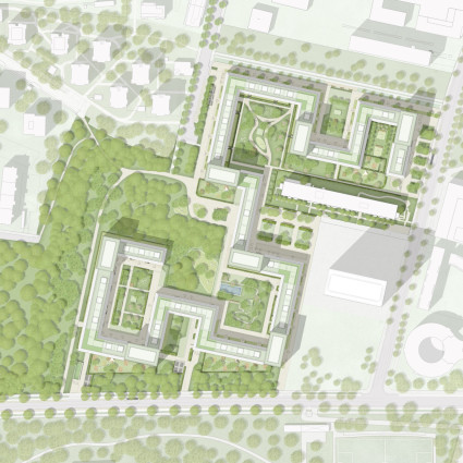 Visualisierung: Der Masterplan verdeutlicht die mäandernde Form des Wohngebäudes. Das weiße Rechteck auf hellem Grund rechts ist das Siemens-Hochhaus.