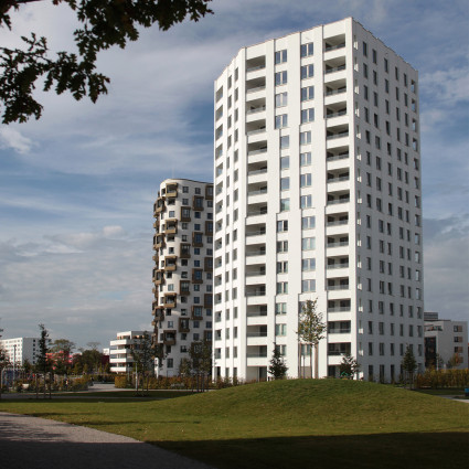 Each high-rise building has an individual facade.