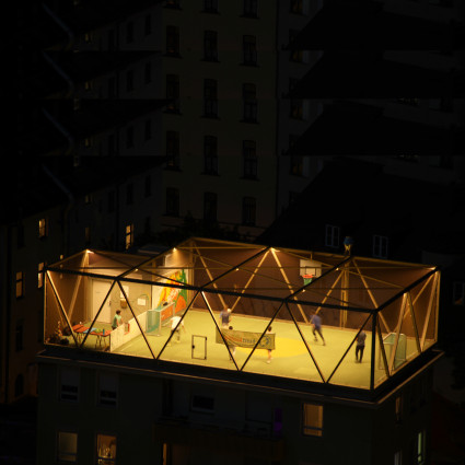 The football pitch is a real eye-catcher, especially at night.