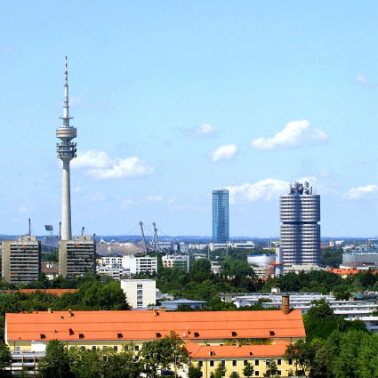 View to the north of Munich with Olympic Tower, Uptown and BWM high-rise building